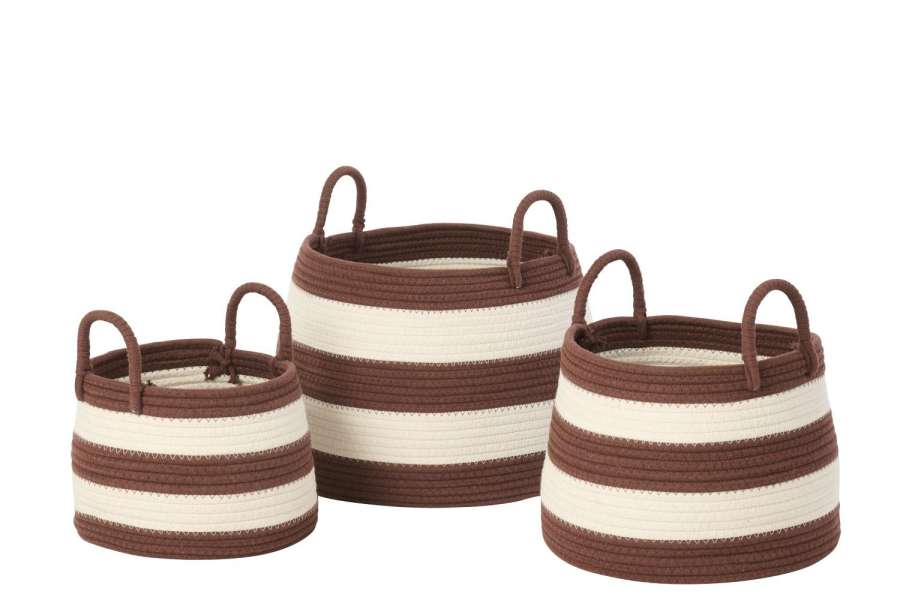 SET OF 3 BASKET WITH HANDLE ROUND STRIPED POLYESTER DARK BROWN/WHITE