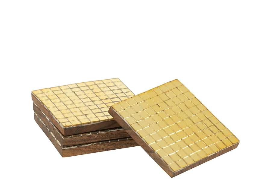 BOX OF 4 COASTER MOSAIC ACACIA WOOD GOLD COLORED