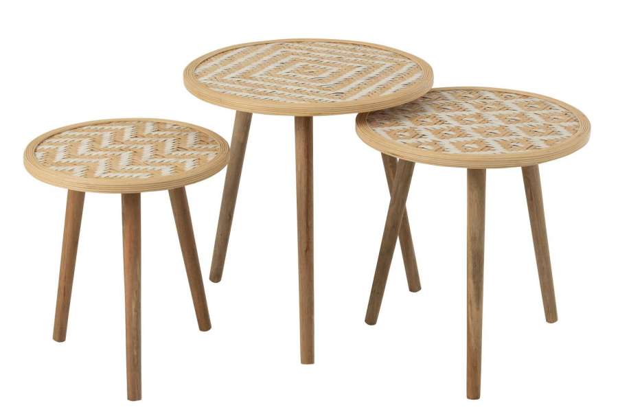 SET OF 3 SIDETABLE PATTERNS 3 LEGS BAMBOO/WOOD NATURAL/WHITE