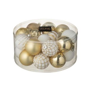 BOX OF 30 CHRISTMAS BAUBLE PLASTIC WHITE/GOLD COLORED