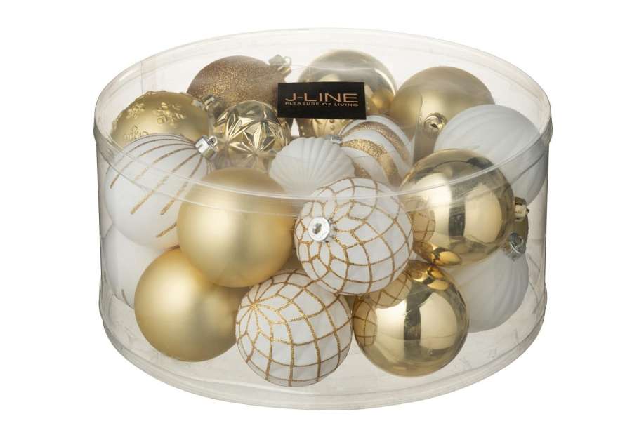 BOX OF 30 CHRISTMAS BAUBLE PLASTIC WHITE/GOLD COLORED