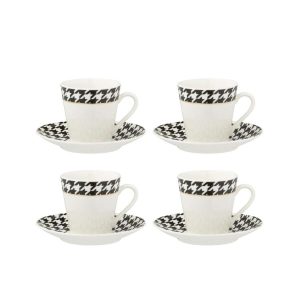 BOX OF 4 COFFEE CUP  +  SAUCER PIED-DE-POULE PORCELAIN WHITE