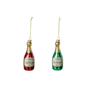 HANGER CHAMPAGNE BOTTLE GLASS GREEN/RED ASSORTMENT OF 2