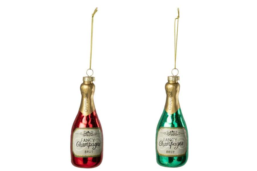 HANGER CHAMPAGNE BOTTLE GLASS GREEN/RED ASSORTMENT OF 2