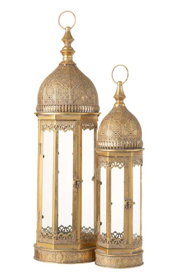 SET OF 2 LANTERNS EASTERN METAL/GLASS GOLD