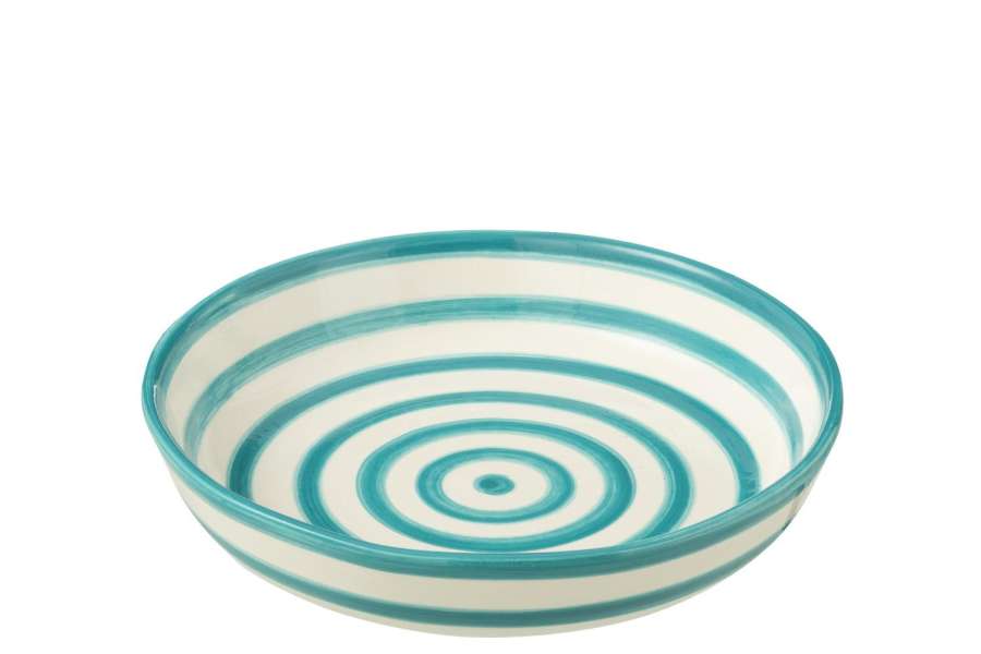 BOWL GRANADA STRIPES LOW CERAMIC WHITE/AQUA LARGE