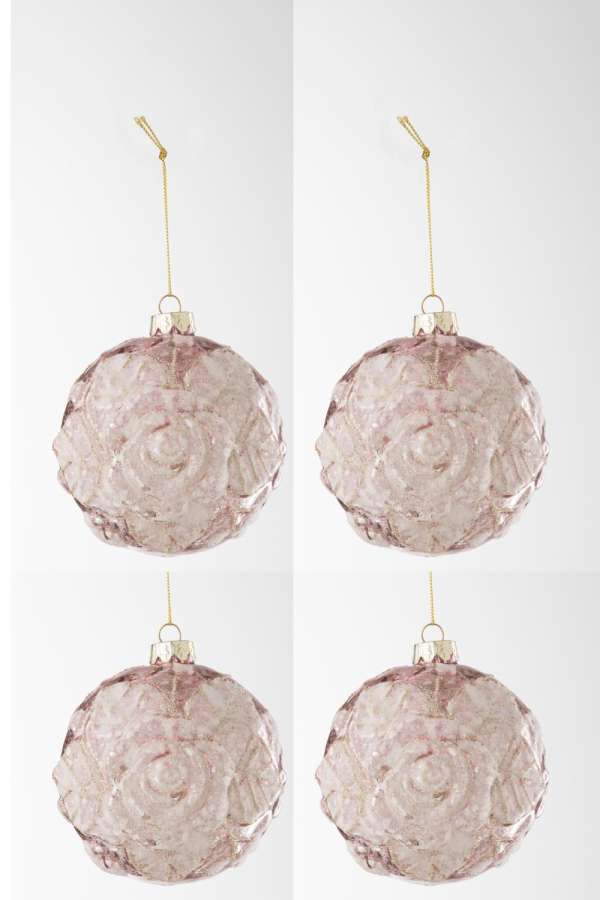BOX OF 4 CHRISTMAS BAUBLE MOTIVE ROSE SEQUINS GLASS LIGHT PINK LARGE