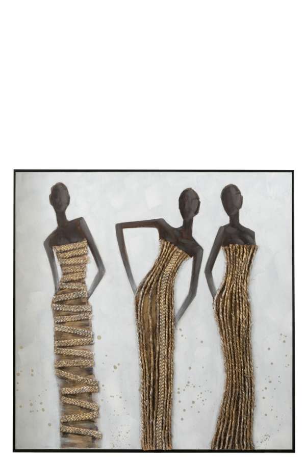 WALL DECORATION 3 AFRICAN WOMEN CANVAS/PAINT/ROPE MIX