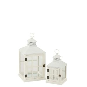 SET OF 2 LANTERNS HOUSES FIR WOOD/METAL WHITE
