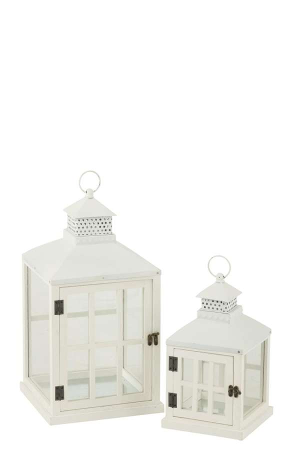 SET OF 2 LANTERNS HOUSES FIR WOOD/METAL WHITE