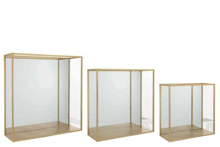 SET OF 3 WALL RACK MIRROR SQUARE METAL/GLASS GOLD