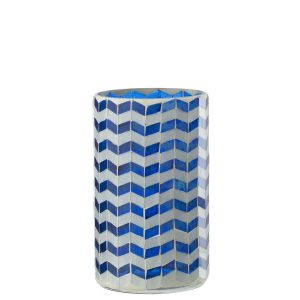 CANDLE HOLDER GLASS BLUE/WHITE LARGE