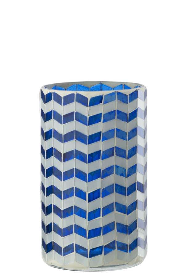 CANDLE HOLDER GLASS BLUE/WHITE LARGE