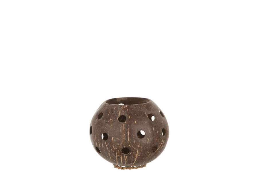 TEALIGHT HOLDER COCONUT HOLES BROWN LARGE