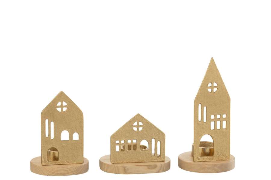 TEALIGHT HOLDER HOUSE ALUMINIUM/WOOD NATURAL/GOLD ASSORTMENT OF 3