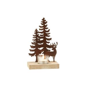 TEALIGHT HOLDER 1 PIECE REINDEERS/TREES METAL/WOOD BROWN