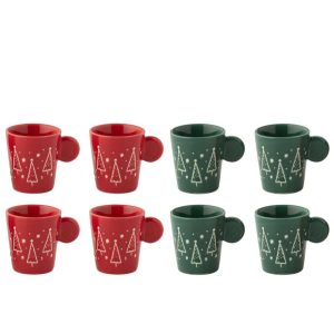 BOX OF 4 COFFEE CUP CHRISTMAS CERAMIC CHRISTMAS RED/DARK GREEN ASSORTMENT OF 2