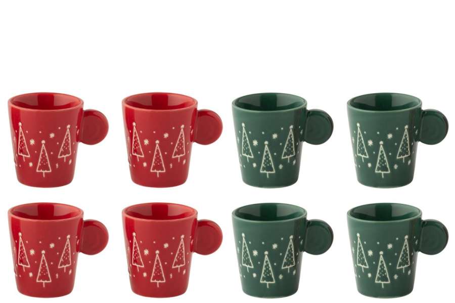 BOX OF 4 COFFEE CUP CHRISTMAS CERAMIC CHRISTMAS RED/DARK GREEN ASSORTMENT OF 2