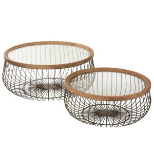 SET OF 2 COFFEE TABLE ROUND METAL/GLASS BLACK