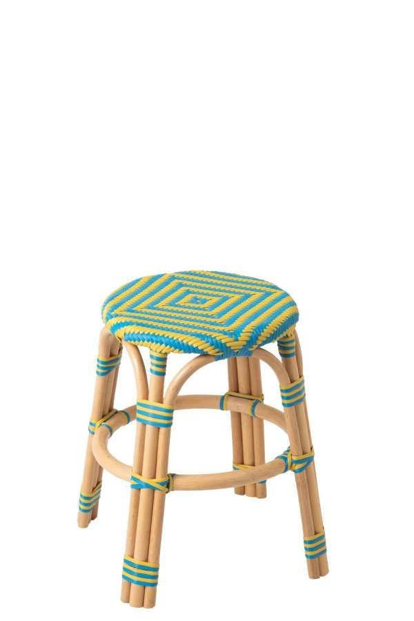 STOOL GEO RATTAN YELLOW/AZURE BLUE
