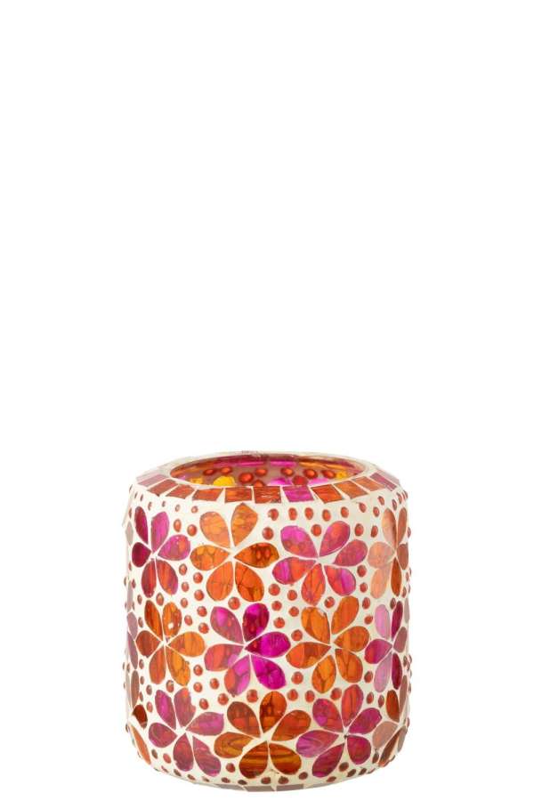 CANDLE HOLDER MOSAIC GLASS DARK PINK/ORANGE