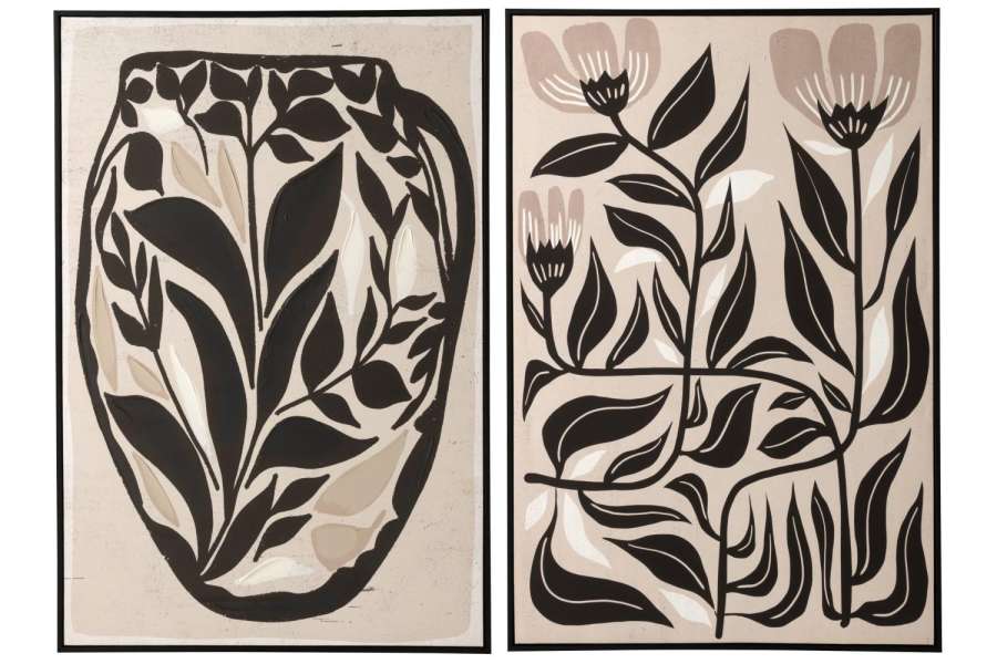 PAINTING FLOWERS PINEWOOD OFF-WHITE/BLACK ASSORTMENT OF 2