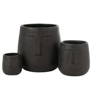 SET OF 3  FLOWERPOTS MOAI  CLAY BLACK
