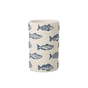 FLOWERPOT FISH ROUND CEMENT WHITE/BLUE LARGE