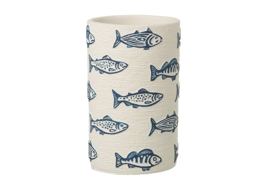 FLOWERPOT FISH ROUND CEMENT WHITE/BLUE LARGE