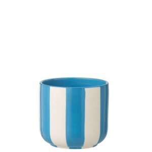FLOWERPOT STRIPED CERAMIC BLUE/WHITE LARGE