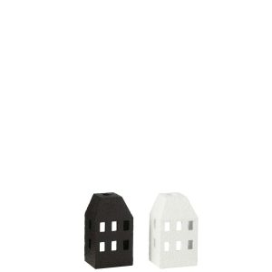 CANDLE HOLDER HOUSE CEMENT BLACK/WHITE ASSORTMENT OF 2