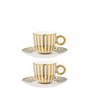 BOX OF 2 COFFEE CUP  +  SAUCER STRIPED PORCELAIN GOLD COLORED/WHITE LARGE