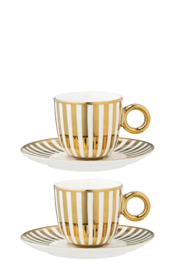 BOX OF 2 COFFEE CUP  +  SAUCER STRIPED PORCELAIN GOLD COLORED/WHITE LARGE