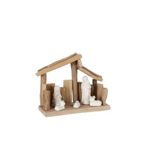 NATIVITY SCENE SLOPING ROOFS WOOD/CERAMIC NATURAL/WHITE