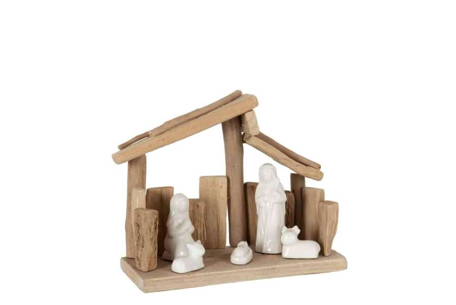 NATIVITY SCENE SLOPING ROOFS WOOD/CERAMIC NATURAL/WHITE