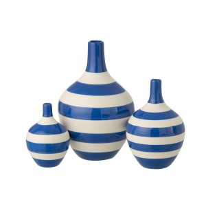 SET OF 3 VASE STRIPED PORCELAIN WHITE/BLUE