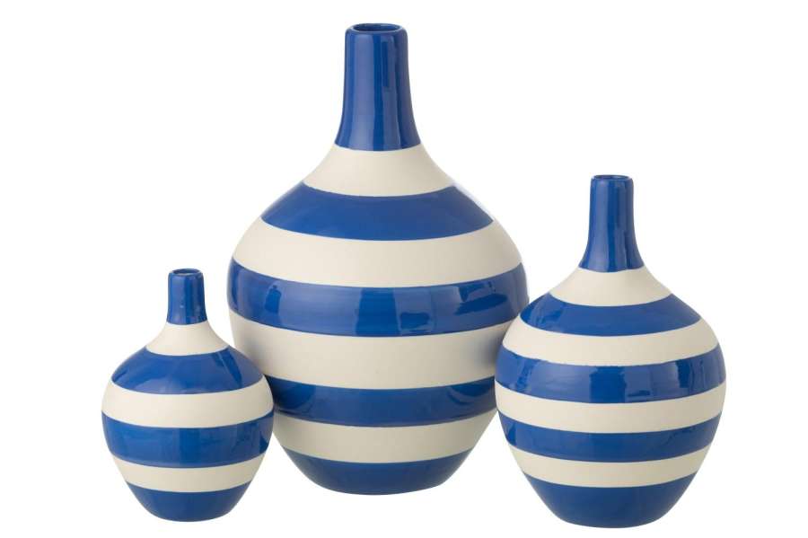 SET OF 3 VASE STRIPED PORCELAIN WHITE/BLUE