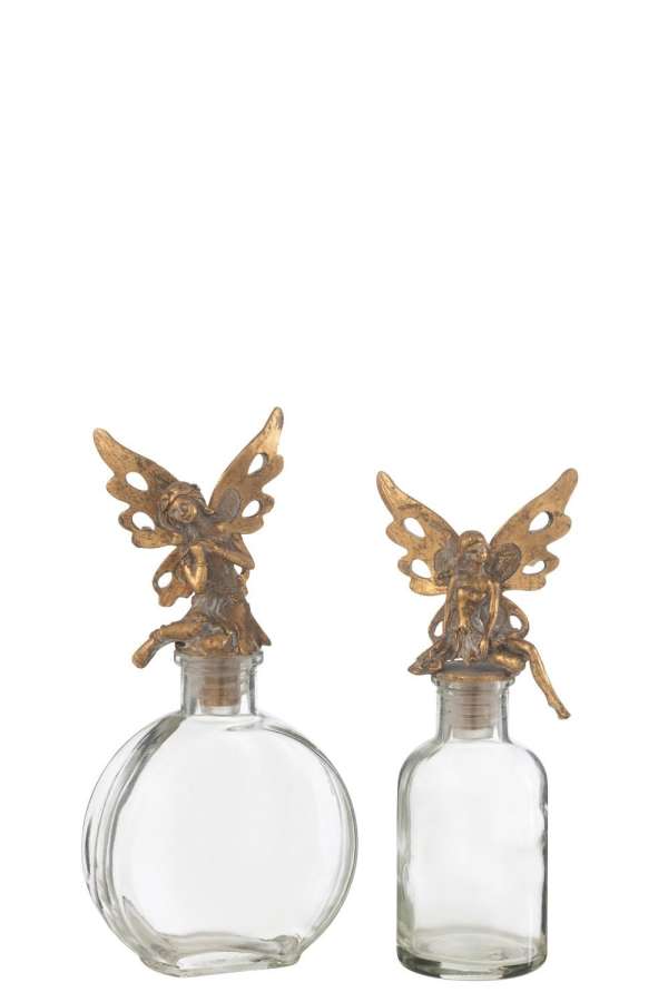 BOTTLES DECO FAIRY METAL/GLASS GOLD ASSORTMENT OF 2
