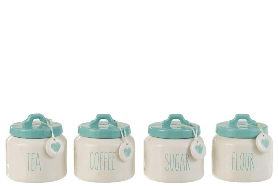STORAGE JAR FLOUR/SUGAR/COFFEE/TEA CERAMIC WHITE/BLUE ASSORTMENT OF 4