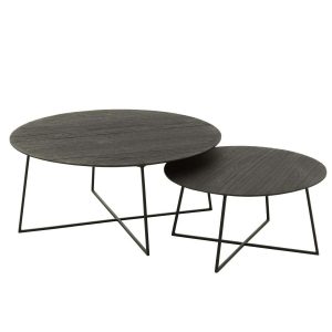 SET OF 2 SIDE TABLES ROUND TEAK WOOD/METAL BLACK
