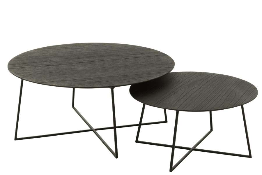 SET OF 2 SIDE TABLES ROUND TEAK WOOD/METAL BLACK