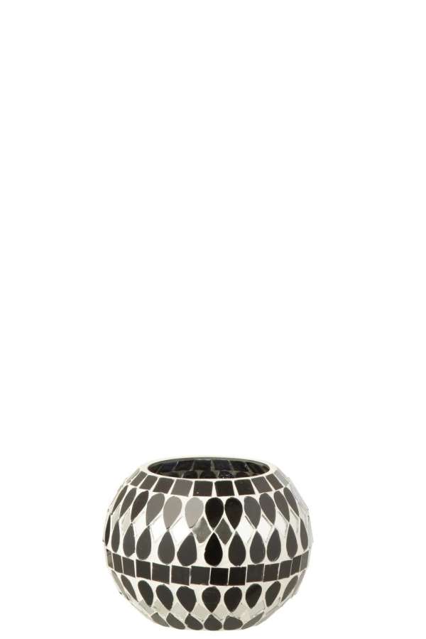 TEALIGHT HOLDER MOSAIC GLASS BLACK/SILVER COLORED SMALL