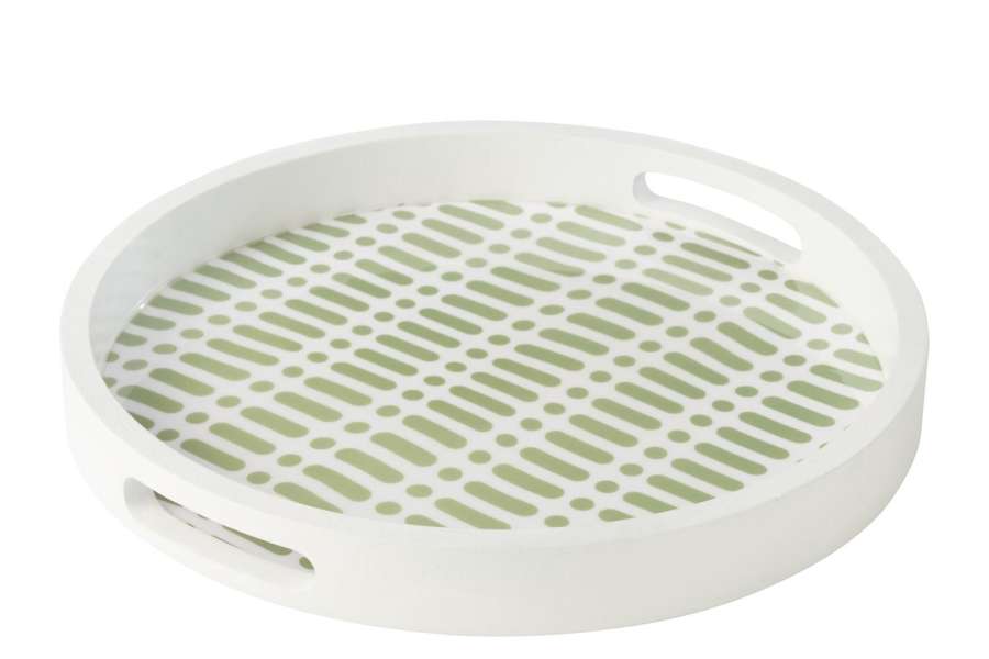 TRAY ROUND WITH HANDLES MANGO WOOD GREEN/WHITE