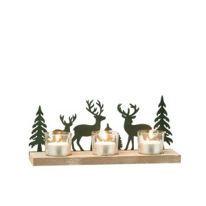 TEALIGHT HOLDER 3 PIECES REINDEERS/TREES METAL/WOOD DARK GREEN