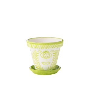 FLOWERPOT+PLATE GRANADA HANDMADE/HANDPAINTED CERAMIC GREEN/WHITE LARGE