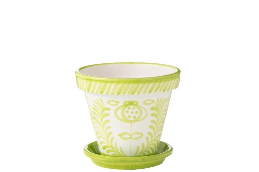 FLOWERPOT+PLATE GRANADA HANDMADE/HANDPAINTED CERAMIC GREEN/WHITE LARGE