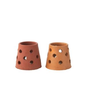T-LIGHT HOLDER GAIA NARROW CLAY/GLASS  RED/BROWN ASSORTMENT OF 2