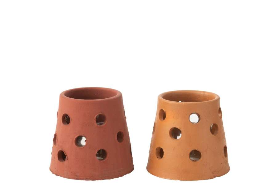 T-LIGHT HOLDER GAIA NARROW CLAY/GLASS  RED/BROWN ASSORTMENT OF 2