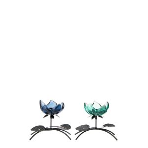 TEALIGHT HOLDER FLOWER IRON GREEN/BLUE MEDIUM ASSORTMENT OF 2