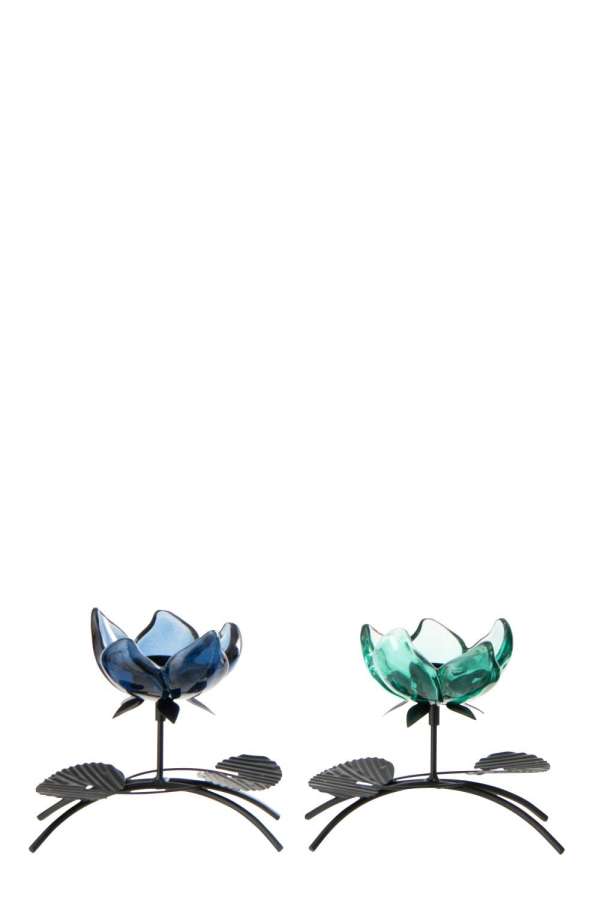 TEALIGHT HOLDER FLOWER IRON GREEN/BLUE MEDIUM ASSORTMENT OF 2